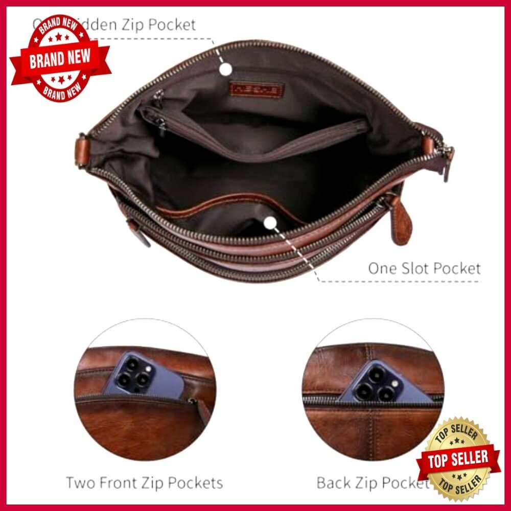 Genuine Leather Crossbody Bag with Multiple Pockets, Adjustable Strap - Picture 6 of 7